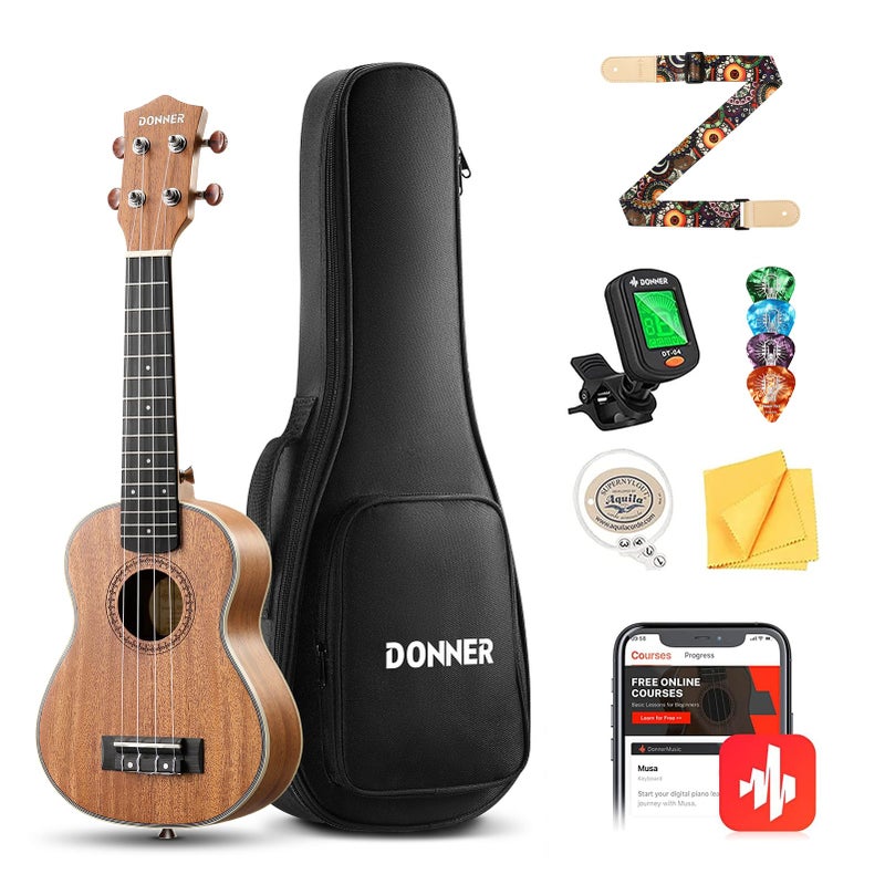 Donner Concert Ukulele Beginner Kit 23 inch Ukelele Mahogany Wood with Free Online Lesson Gig Bag Strap Nylon String Tuner Picks Ukalalee Yukalalee Bundle Pack DUC-200 - Image 1